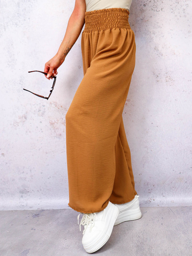 SPODNIE MATERIAŁOWE Z SZEROKIMI NOGAWKAMI I GUMĄ W PASIE- BRĄZOWE