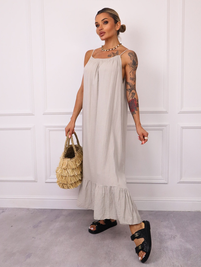 SUKIENKA MAXI MUŚLINOWA Z FALBANĄ- BEŻOWA