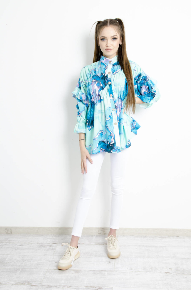 KOSZULA  MARMURKOWA Z FALBANAMI NA RĘKAWACH - ZIELONA