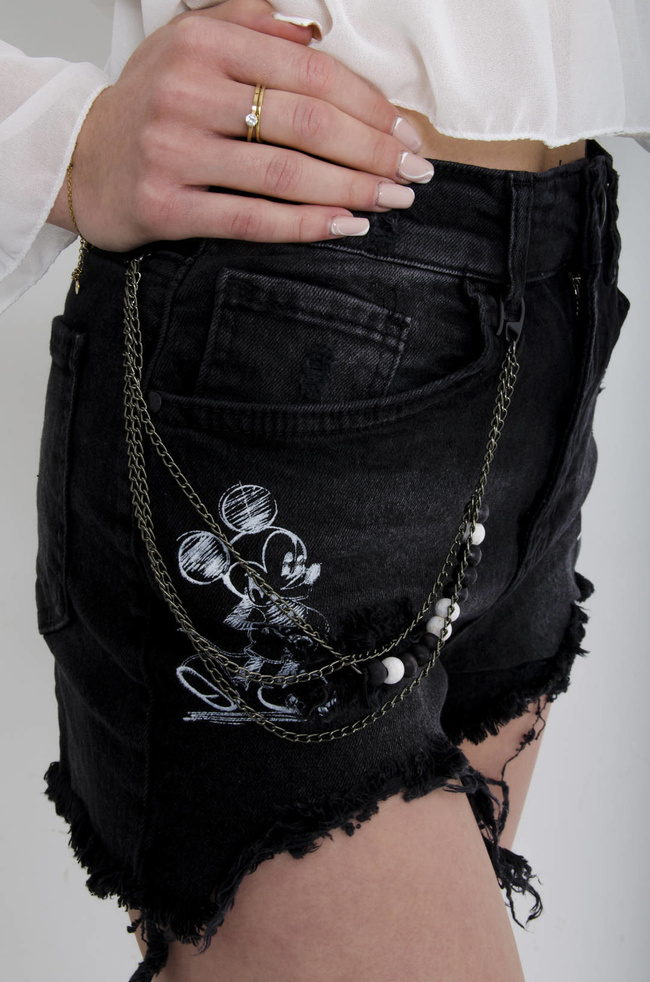 SZORTY JEANSOWE CZARNE Z APLIKACJĄ + ŁAŃCUSZEK 