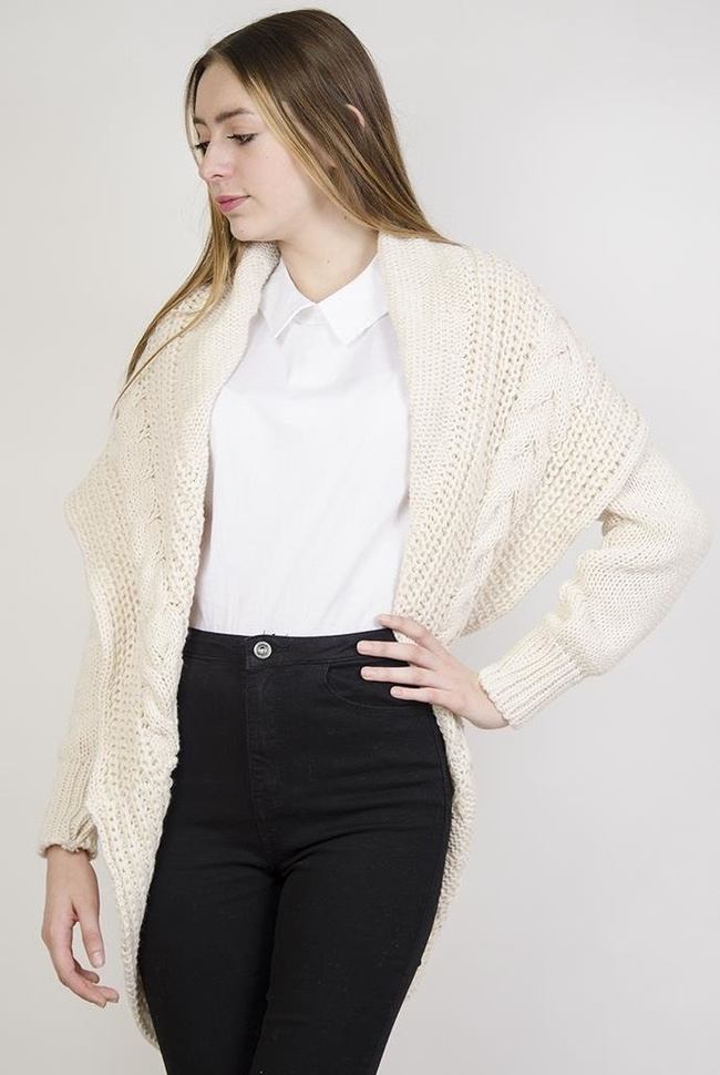 Gruby beżowy sweter typu kardigan z pięknymi wzorami