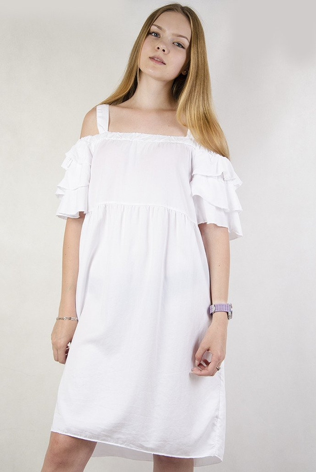 Biała sukienka z falbanami, na ramiączka