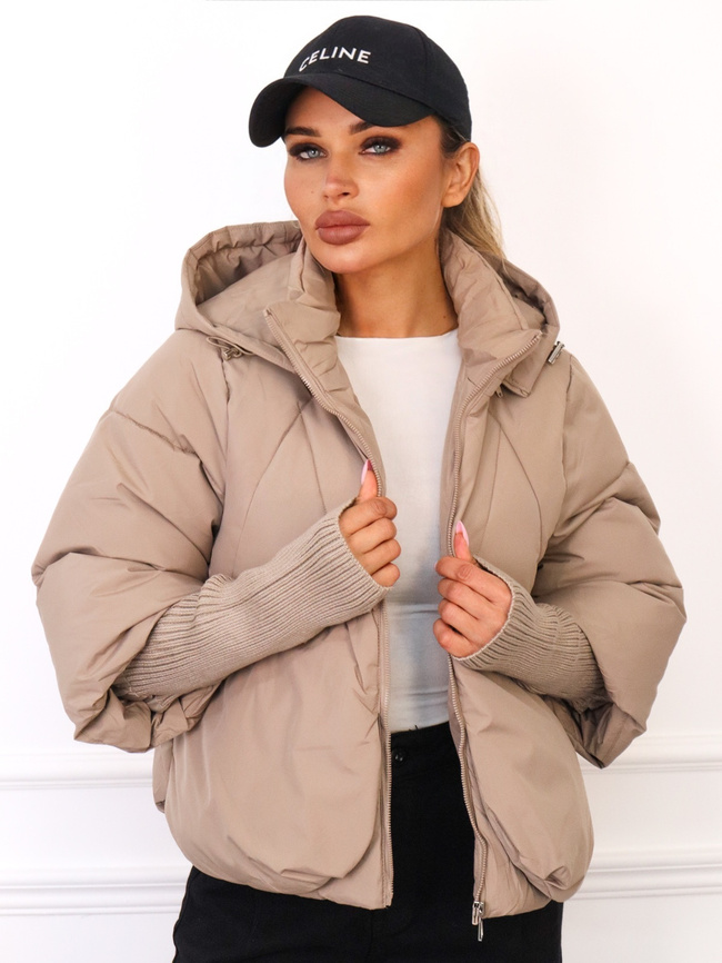 KURTKA PUCHOWA Z DZIANINOWYMI WSTAWKAMI PRZY RĘKAWACH- BEŻOWA