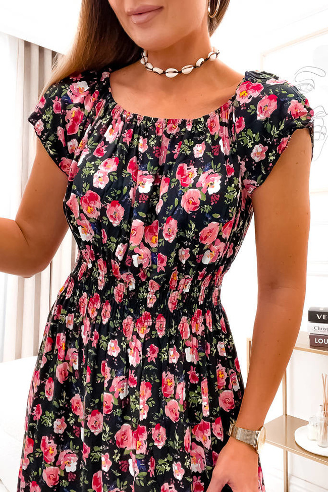 SUKIENKA HISZPANKA MAXI W KWIATY Z GUMĄ W PASIE- CZARNA