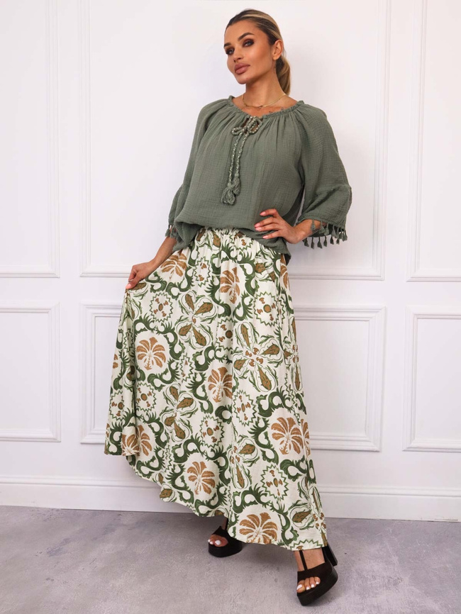 SPÓDNICA MAXI WZORZYSTA Z GUMĄ W PASIE- ZIELONA