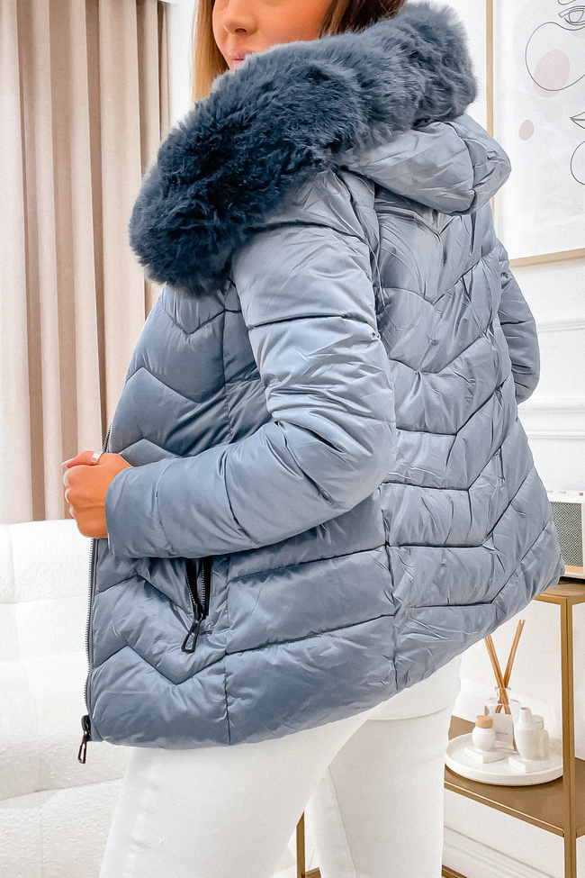PIKOWANA POŁYSKUJĄCA KURTKA Z FUTERKIEM- SZARA