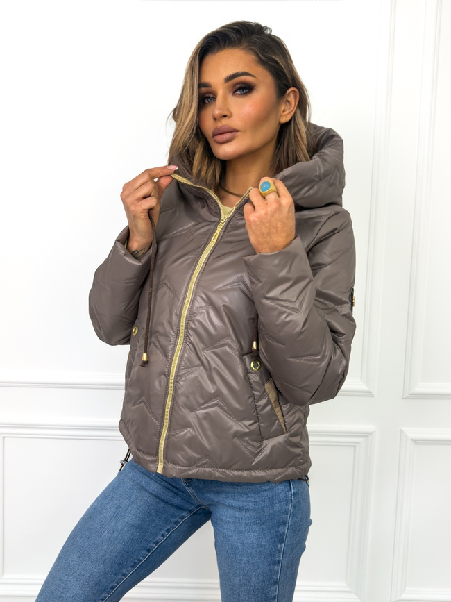 KURTKA PRZEJŚCIOWA Z KAPTUREM I ŚCIĄGACZAMI PO BOKACH- BRĄZOWA