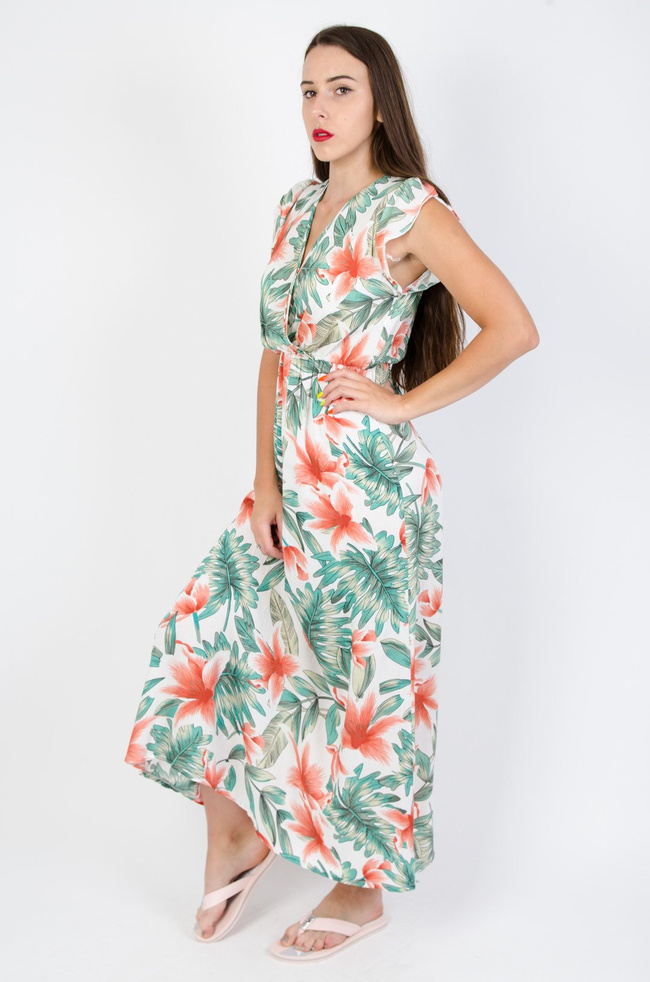 Biała sukienka w kwiaty z kopertowym dekoltem 