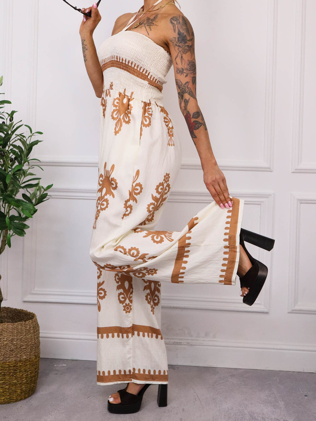 KOMBINEZON WZORZYSTY BEZ RAMIĄCZEK- BEŻOWY