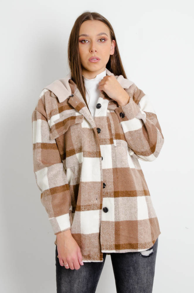 BRĄZOWA KURTKA KOSZULA W KRATĘ Z KAPTUREM