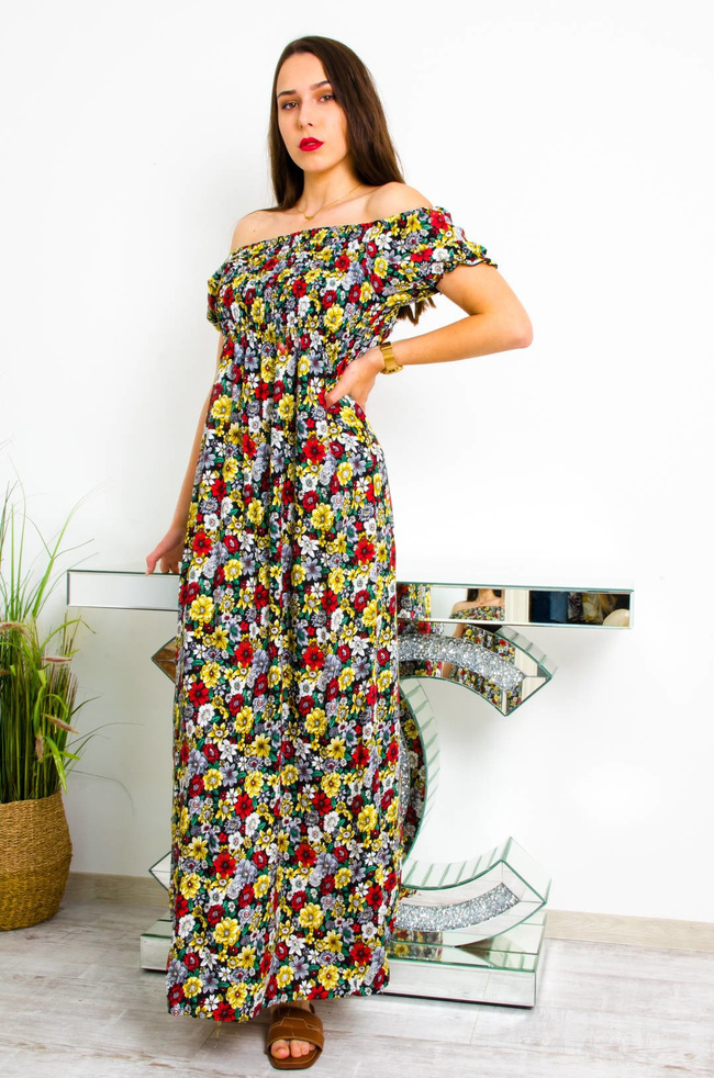 CZARNA DŁUGA SUKIENKA HISZPANKA W KWIATY 