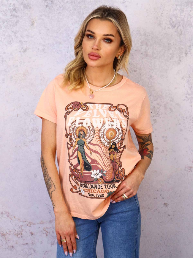 POMARAŃCZOWY DEKATYZOWANY T-SHIRT Z KOLOROWYM PRINTEM