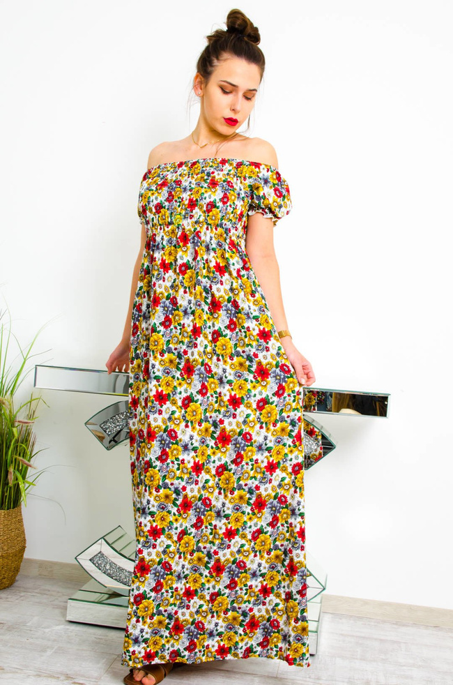 BIAŁA DŁUGA SUKIENKA HISZPANKA W KWIATY 