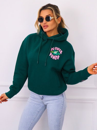 BLUZA Z KAPTUREM Z APLIKACJĄ Z PRZODU I NA PLECACH- ZIELONA