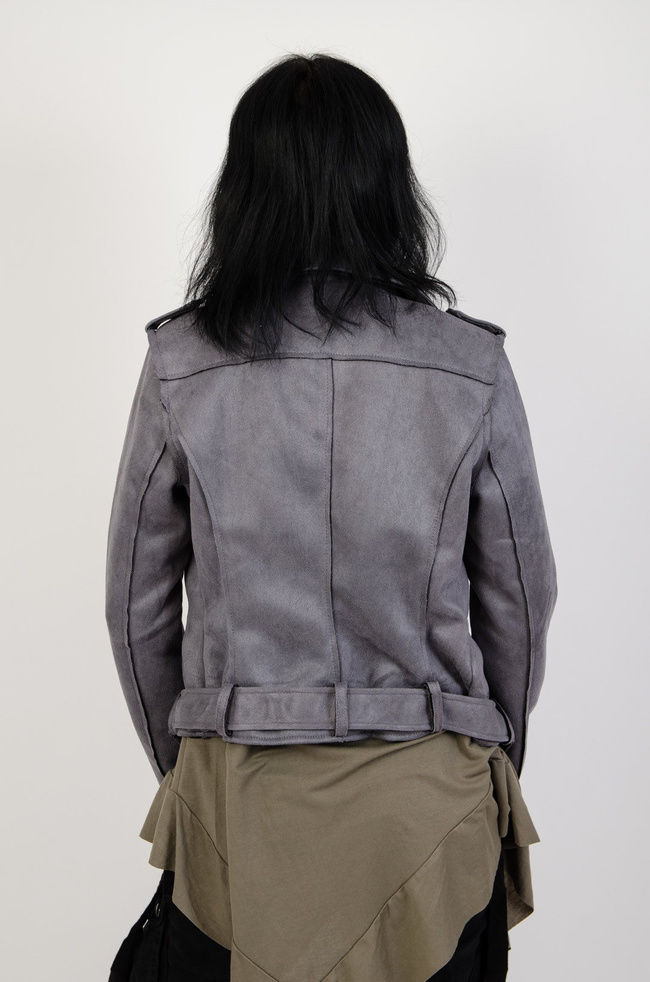 Szara zamszowa kurtka z paskiem na dole