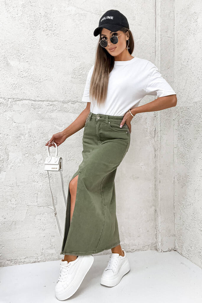 SPÓDNICA JEANSOWE MAXI Z ROZCIĘCIEM-  ZIELONA