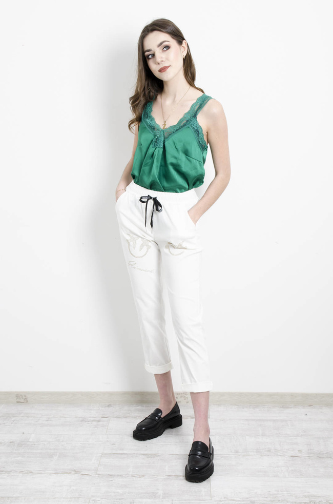 SATYNOWY TOP NA RAMIACZKACH WYKOŃCZONY KORONKĄ - ZIELONY