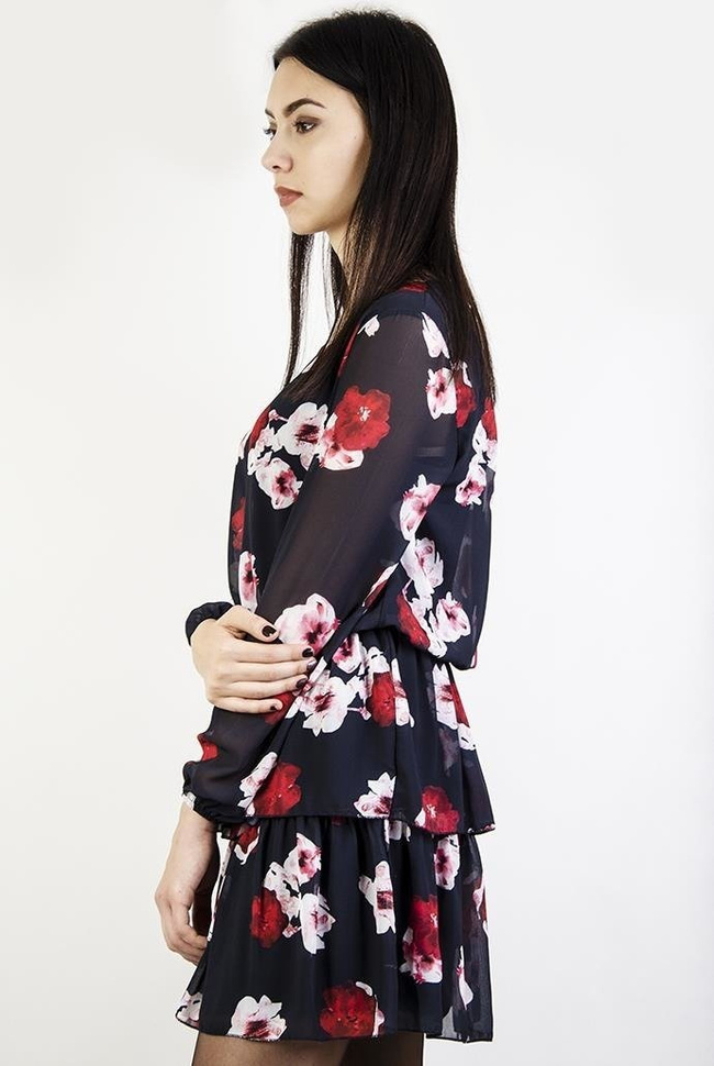 Granatowa sukienka w biało-czerwone kwiaty