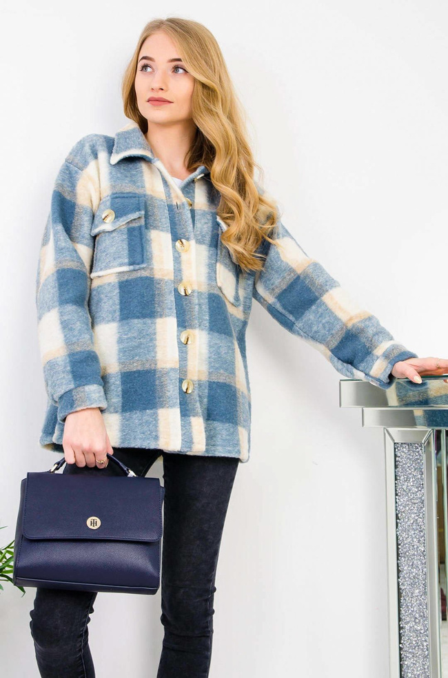 NIEBIESKI PŁASZCZ KOSZULA W KRATĘ