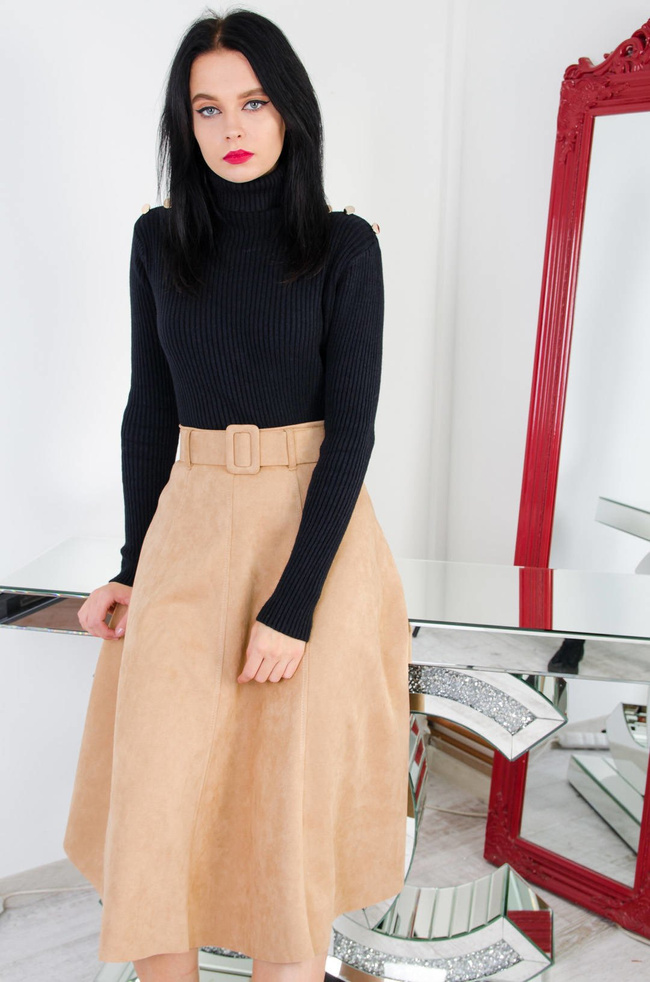 BEŻOWA ZAMSZOWA SPÓDNICA MIDI Z PASKIEM