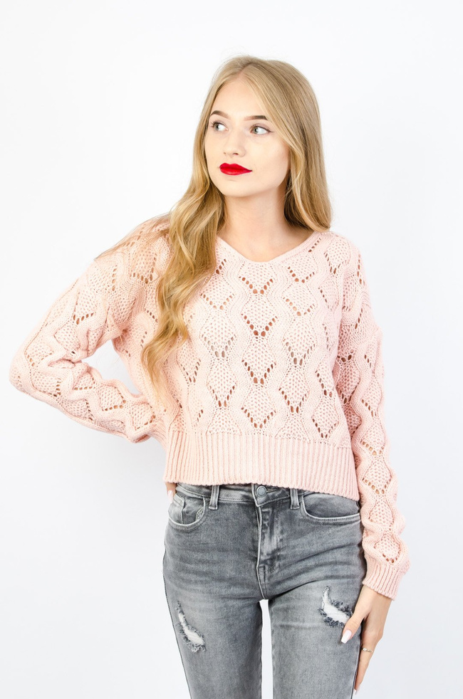 KRÓTKI RÓŻOWY SWETER Z DEKOLTEM W SEREK