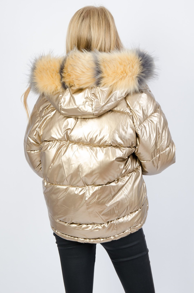 Złota metaliczna bomberka z dwukolorowym futerkiem