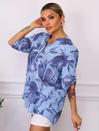 KOSZULA WZORZYSTA Z LNEM- NIEBIESKA