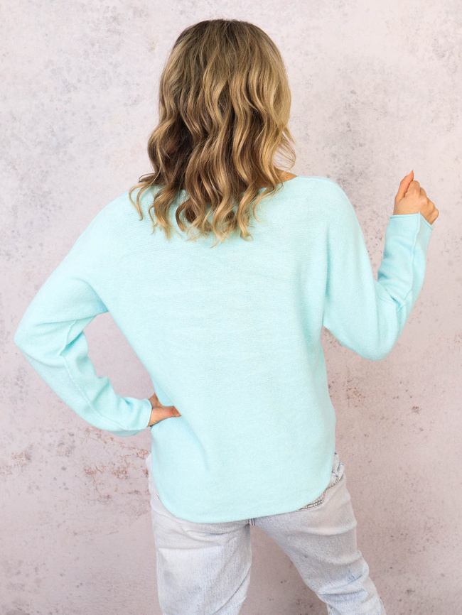 SWETER OVERSIZE Z DEKOLTEM W SEREK- TURKUSOWY