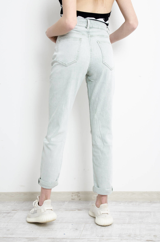 SPODNIE JEANSOWE MOM FIT Z DZIURAMI- ZIELONE
