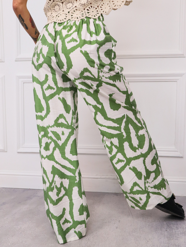 SPODNIE WZORZYSTE Z GUMĄ I WIĄZANIEM W PASIE- ZIELONE
