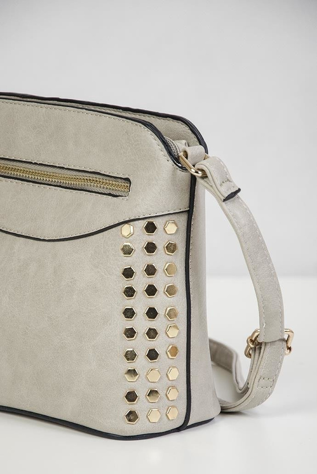 Mała, szara torebka z ćwiekami po bokach
