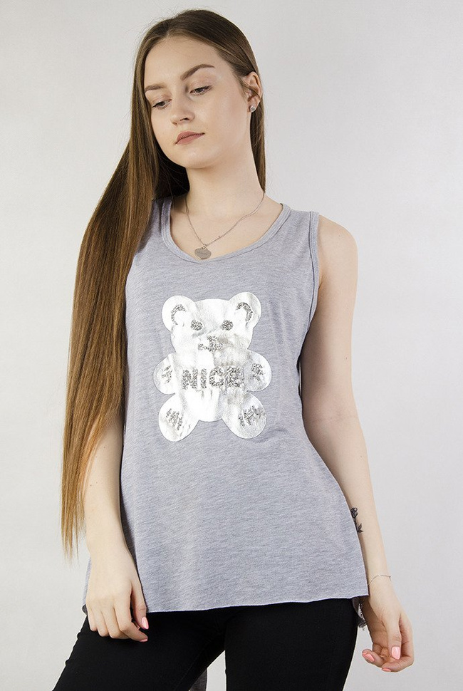 Szara bluzka z misiem i rozcięciem na plecach