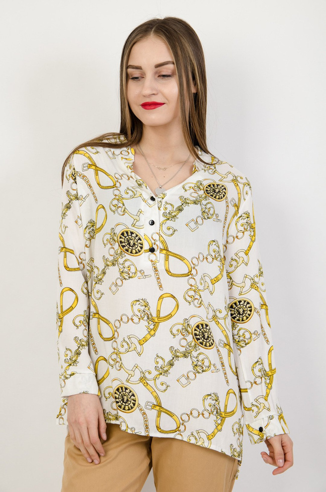 Kremowa bluzka koszulowa w żółte wzory 