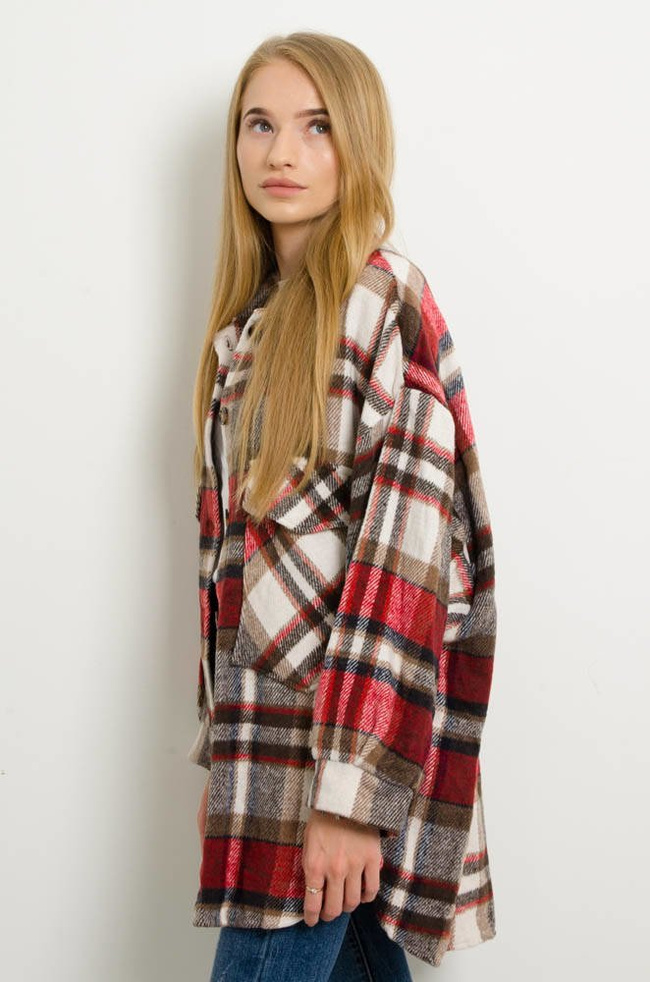 KURTKA KOSZULOWA W KRATĘ - CZERWONA