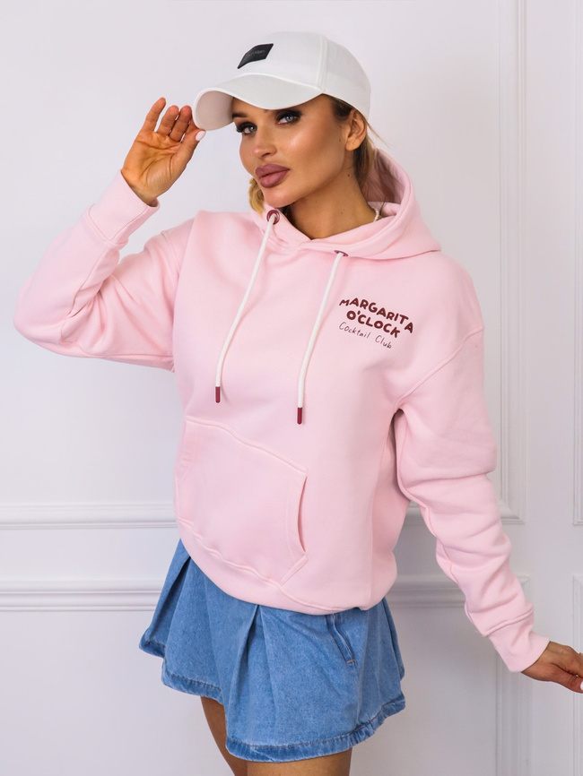 BLUZA Z KAPTUREM Z NAPISEM Z PRZODU I APIKACJĄ NA PLECACH- RÓŻOWA