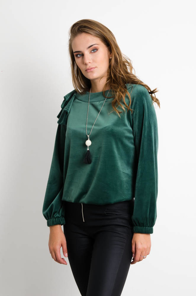 ZIELONA BLUZA WELUROWA Z FALBANKĄ