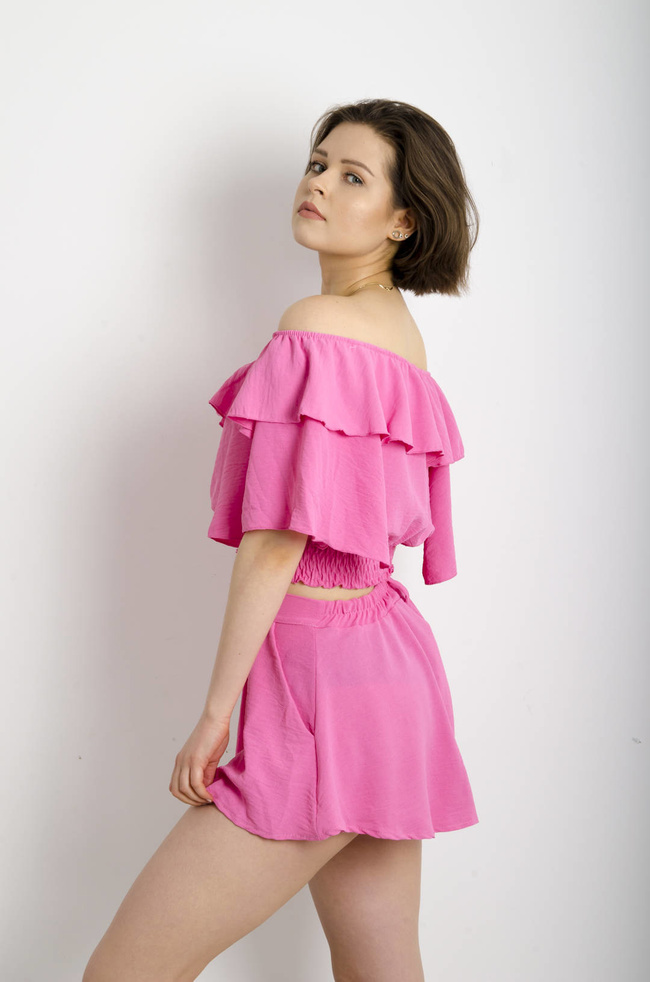 RÓŻOWY KOMPLET HISZPANKA + SPODENKI Z WYSOKIM STANEM