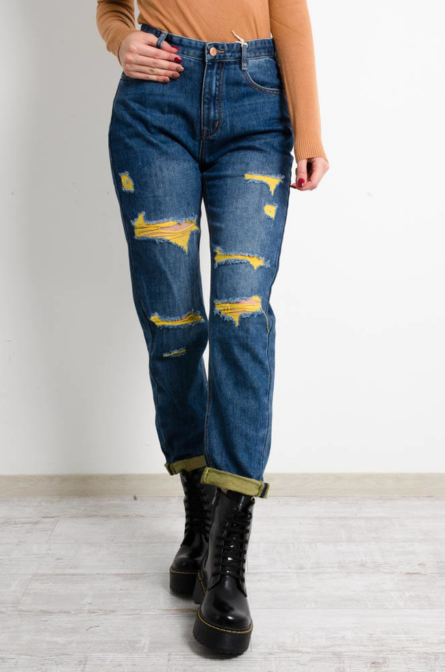 CIEMNE JEANSY MOM FIT Z ZÓŁTYMI PRZETARCIAMI