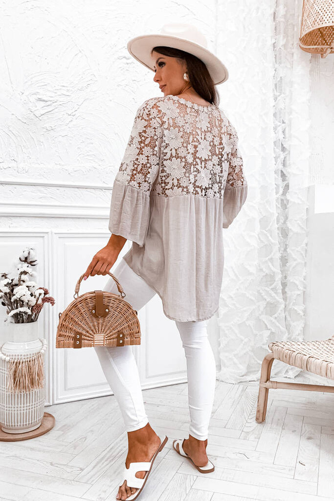 ASYMETRYCZNA BLUZKA Z REKAWAMI I PLECAMI Z KORONKI- BEŻOWA