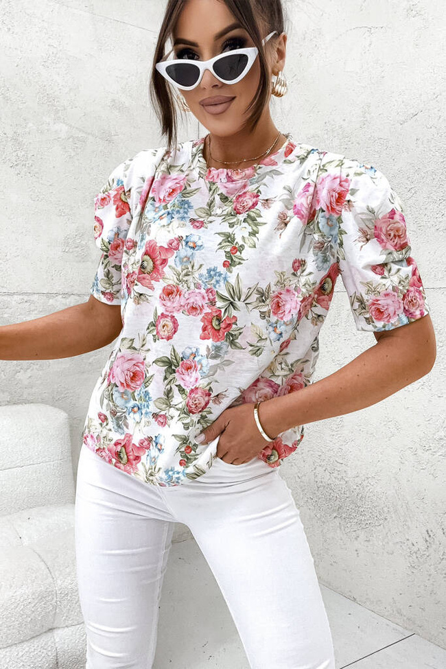 BLUZKA ONE SIZE W KWIATY I RĘKAWY  BUFKI- BIAŁA