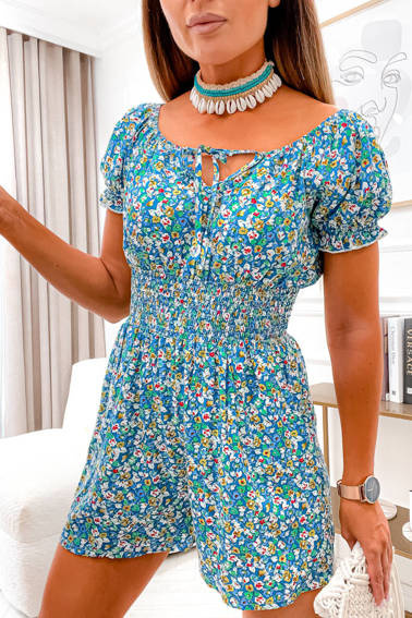 KOMBINEZON W KWIATY Z GUMĄ W PASIE- NIEBIESKI