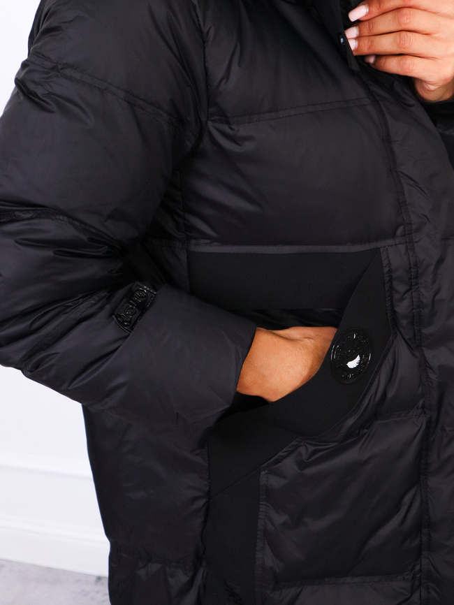 DŁUGA KURTKA PŁASZCZ Z LAMPASAMI WYPEŁNIONA KACZYM PUCHEM- CZARNA