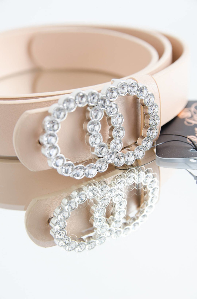 DAMSKI BEŻOWY PASEK Z PODWÓJNĄ KLAMRĄ CYRKONIE 