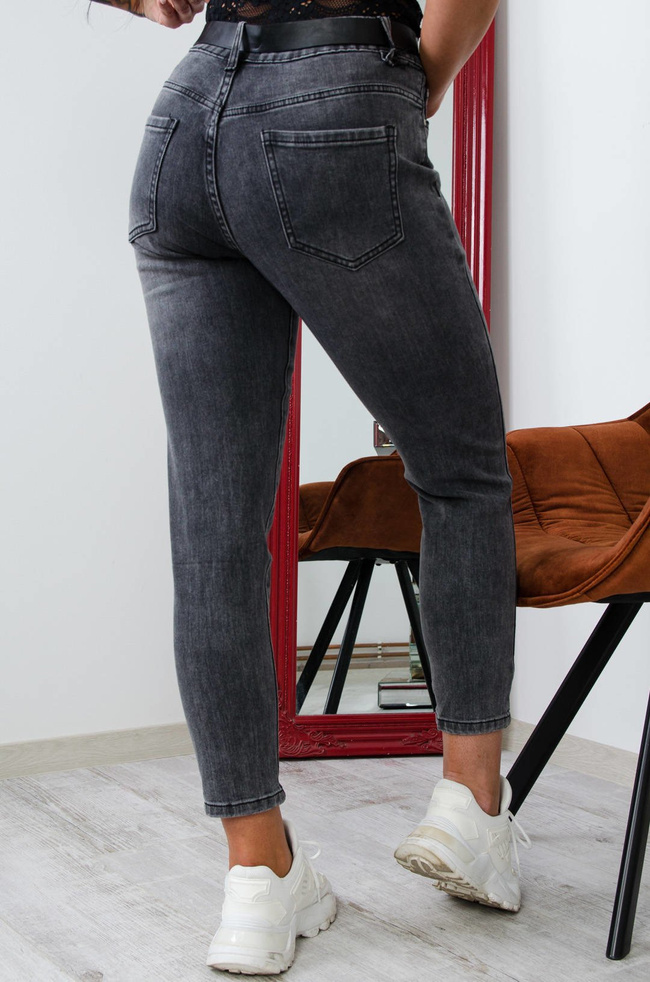 CIEMNO SZARE SPODNIE JEANSOWE Z PASKIEM W ZESTAWIE-WYSOKI STAN