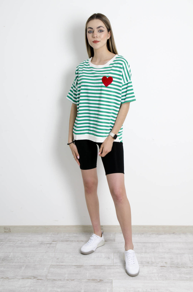 T-SHIRT BIAŁO-ZIELONY W PASKI Z SERDUSZKIEM