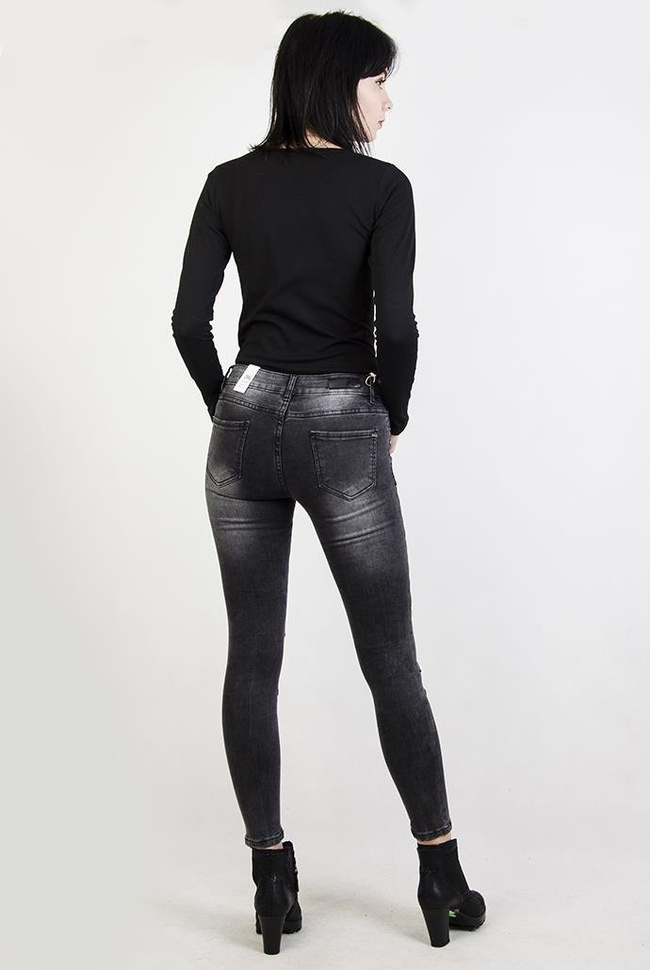 Szare spodnie rurki jeansowe z zamkami i przeszyciami