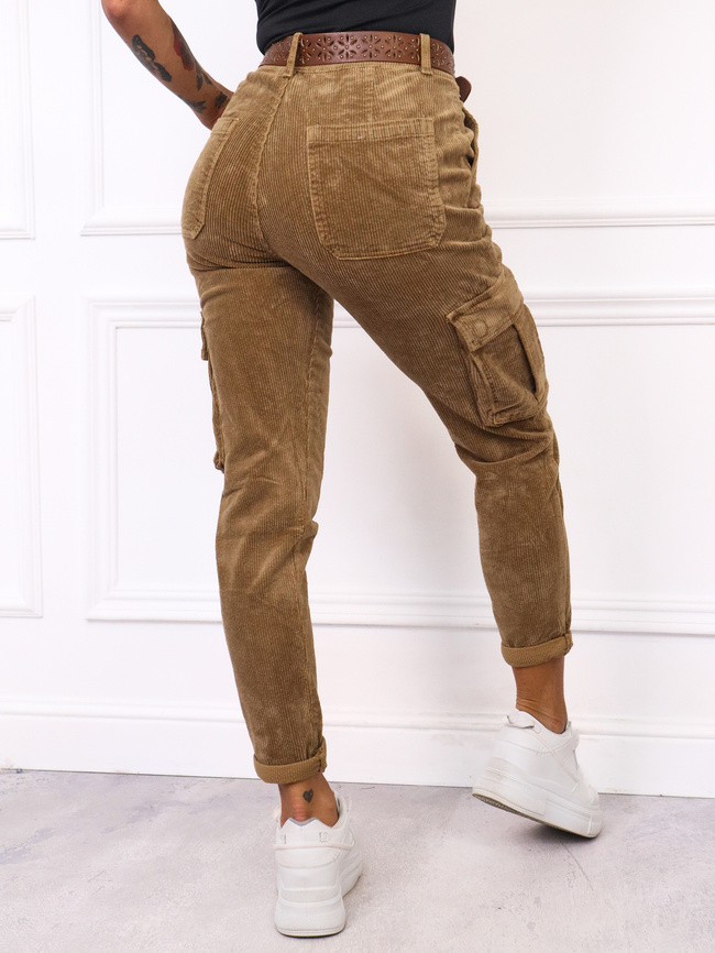 SPODNIE SZTRUKSOWE BOJÓWKI Z PASKIEM- JASNOBRĄZOWE