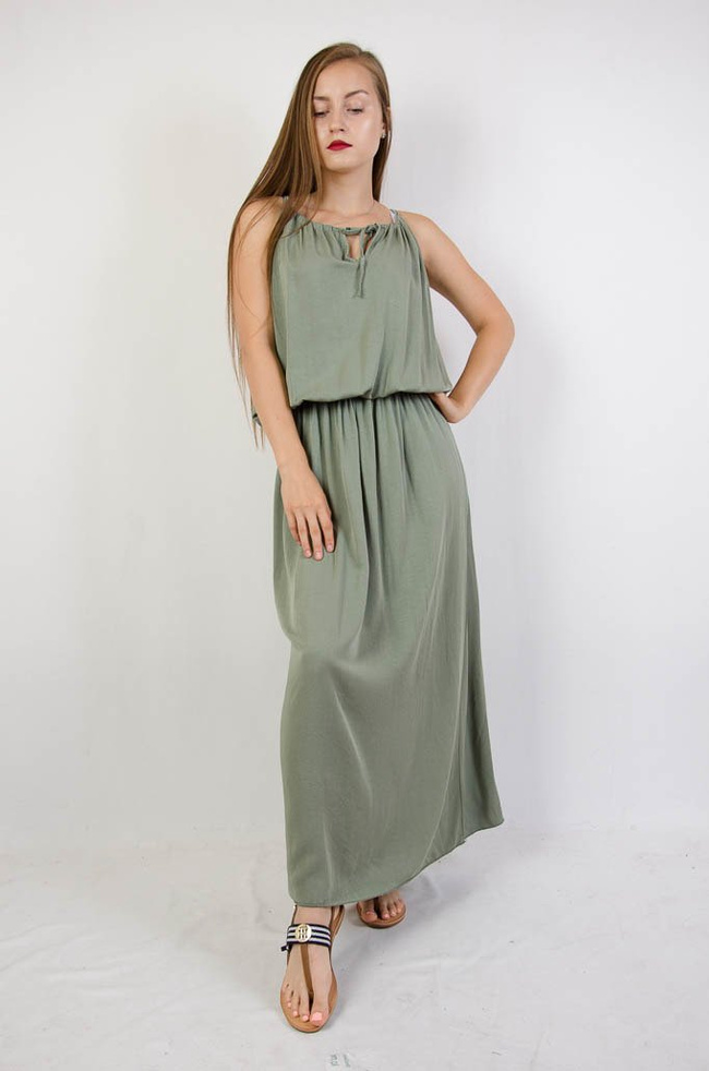 Długa zielona sukienka z rozporkiem na boku