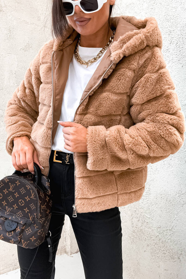 BRĄZOWA FUTRZANA KURTKA Z KAPTUREM