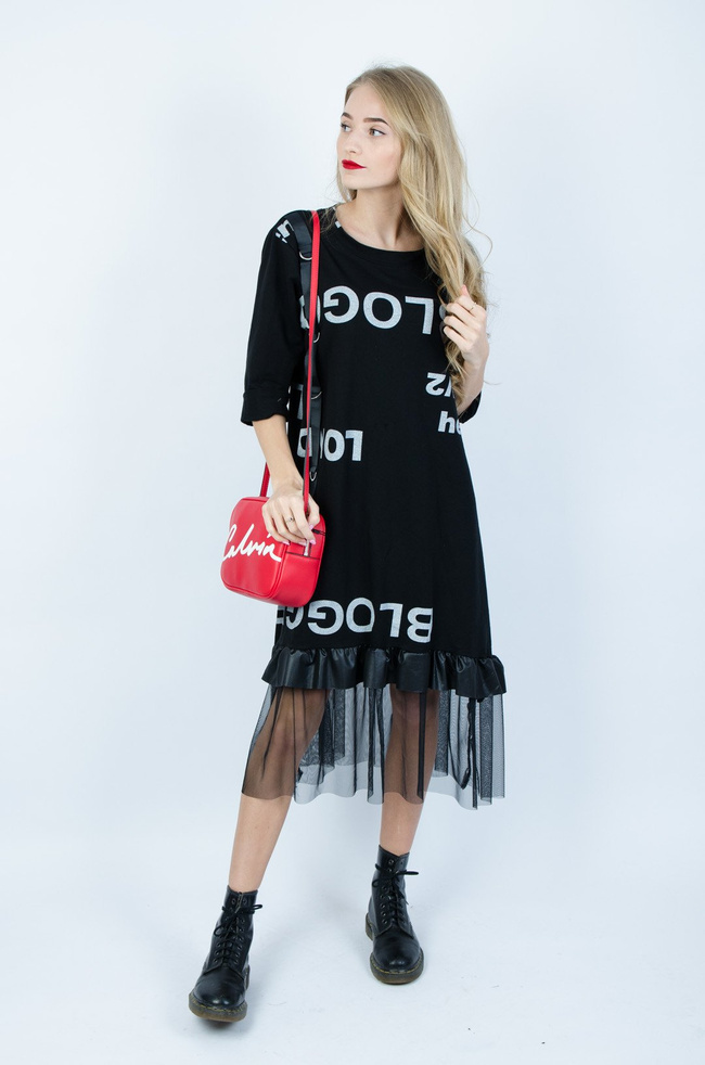 CZARNA DZIANINOWA SUKIENKA Z TIULOWYM DOŁEM